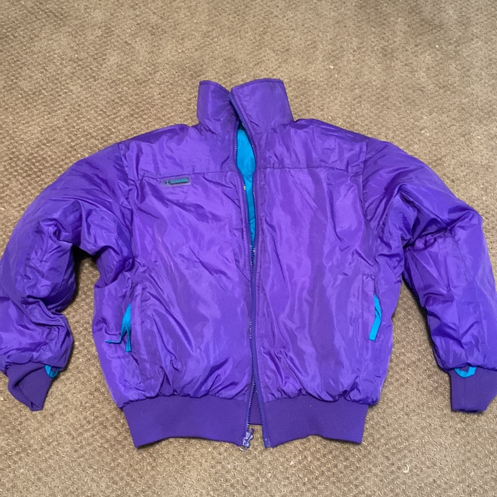 Columbia Radial Sleeve Vintage Down Bomber Jacket Reversible Purple Teal